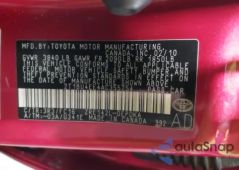 2010 Toyota Corolla Le из США, поврежденный, VIN 2T1BU4EE4AC355754